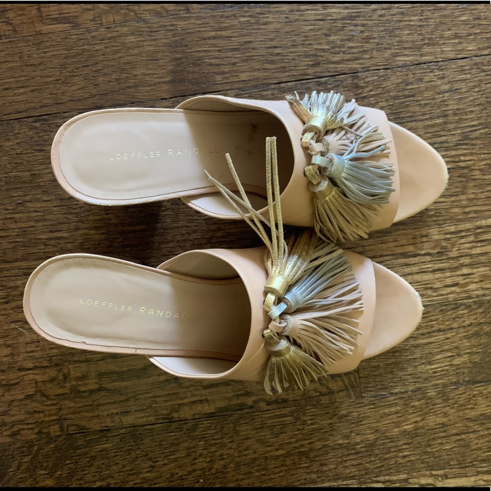 Loeffler Randall Neutral Tan Leather Slide Mule With Tassels Sz 8.5 M